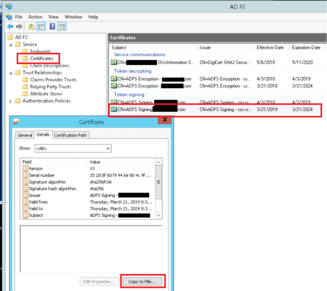 adfs certificate export